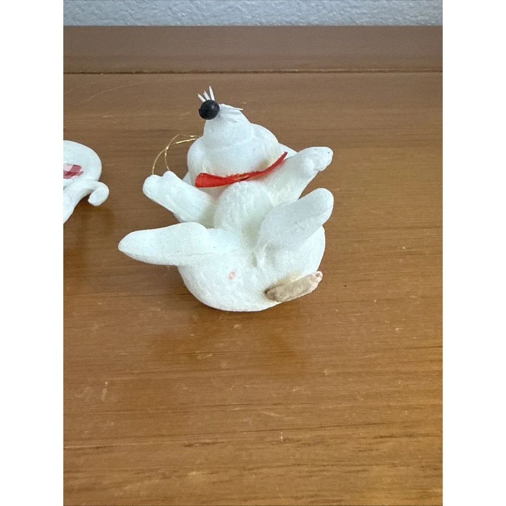 Pair Vintage Flocked White Christmas Mouse Ornaments Kitsch MCM